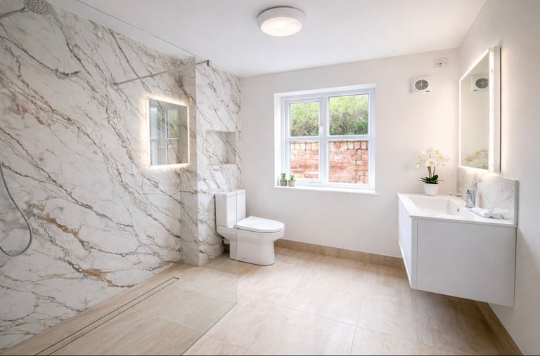 Modern bathroom with marble shower enclosure, white vanity, toilet, and window overlooking brick building