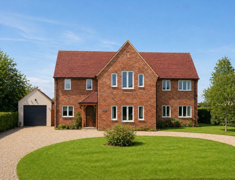 Modern brick two-story family home with manicured lawn, driveway, and attached garage on sunny day