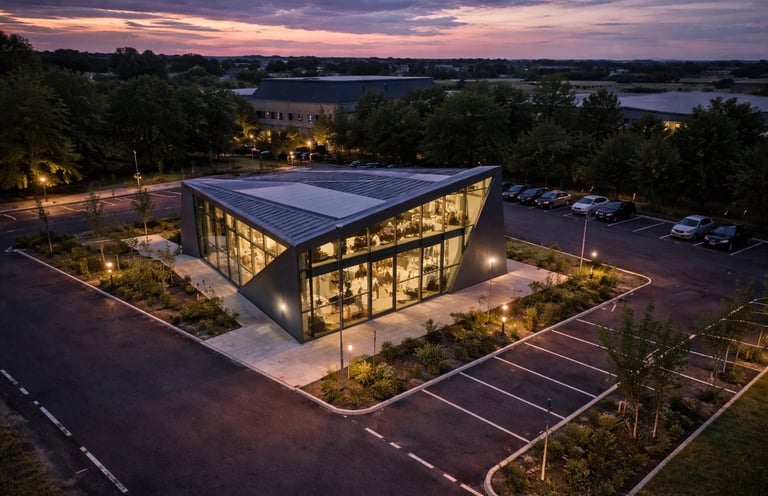 Modern illuminated building with glass walls in parking lot at dusk, trees and river visible in background