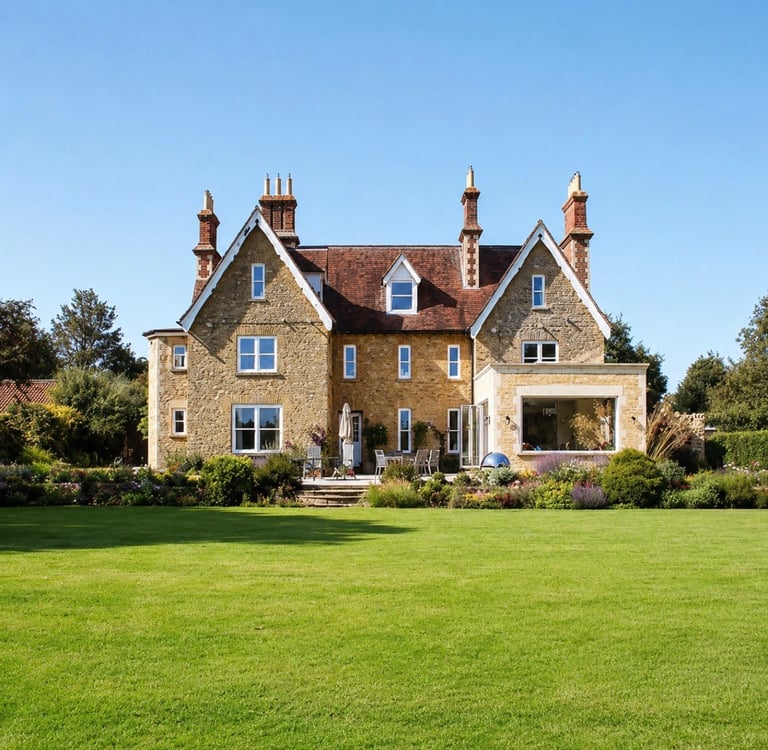 Large Victorian stone mansion with multiple chimneys, manicured lawn, and surrounding landscaping