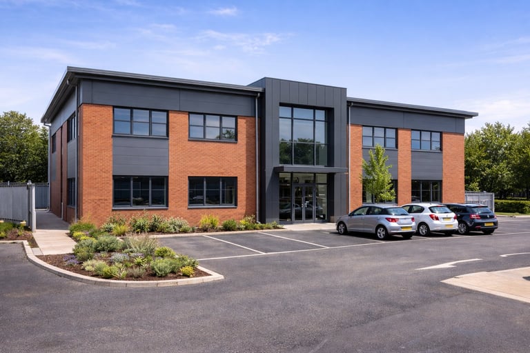 Modern commercial office building with orange brick and dark gray panels, featuring a central glass entrance and parked vehicles in front