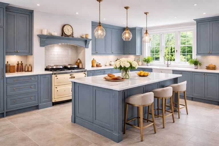 Modern kitchen with blue cabinetry, white countertops, island seating, pendant lighting, and large windows overlooking greenery