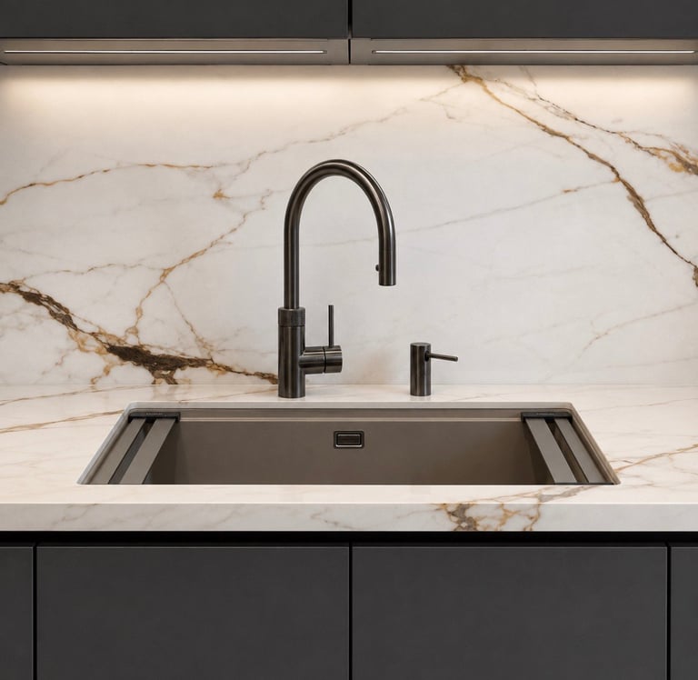 Modern kitchen sink with black faucet and soap dispenser set into white and gold marble countertop with dark lower cabinets