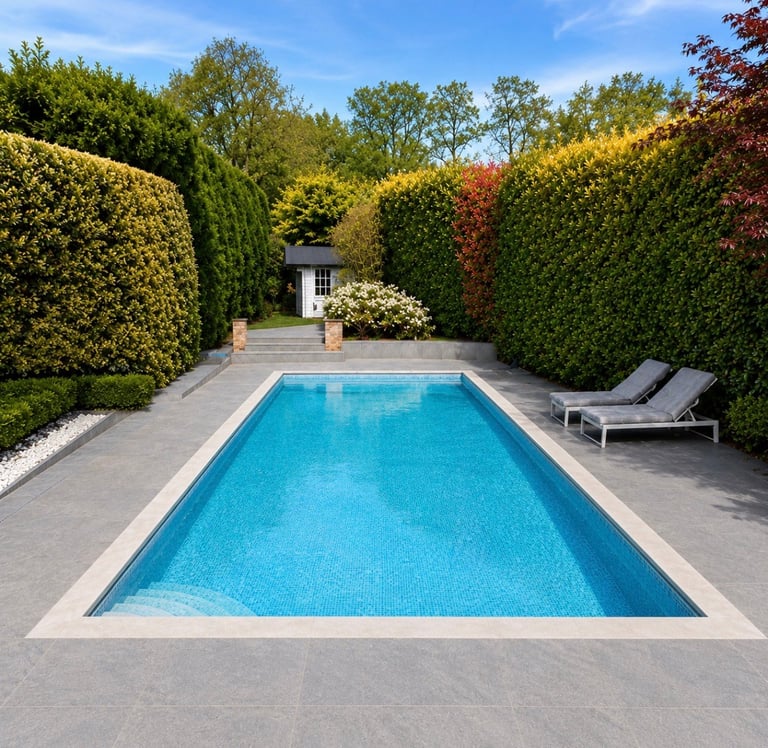 Rectangular swimming pool with blue water surrounded by manicured hedges, lounge chairs, and a poolhouse in a sunny garden setting