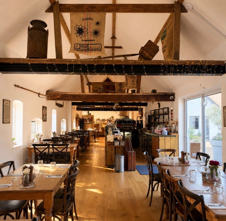Rustic dining room with exposed wooden beams, tables set with place settings, and large windows overlooking outdoor scenery