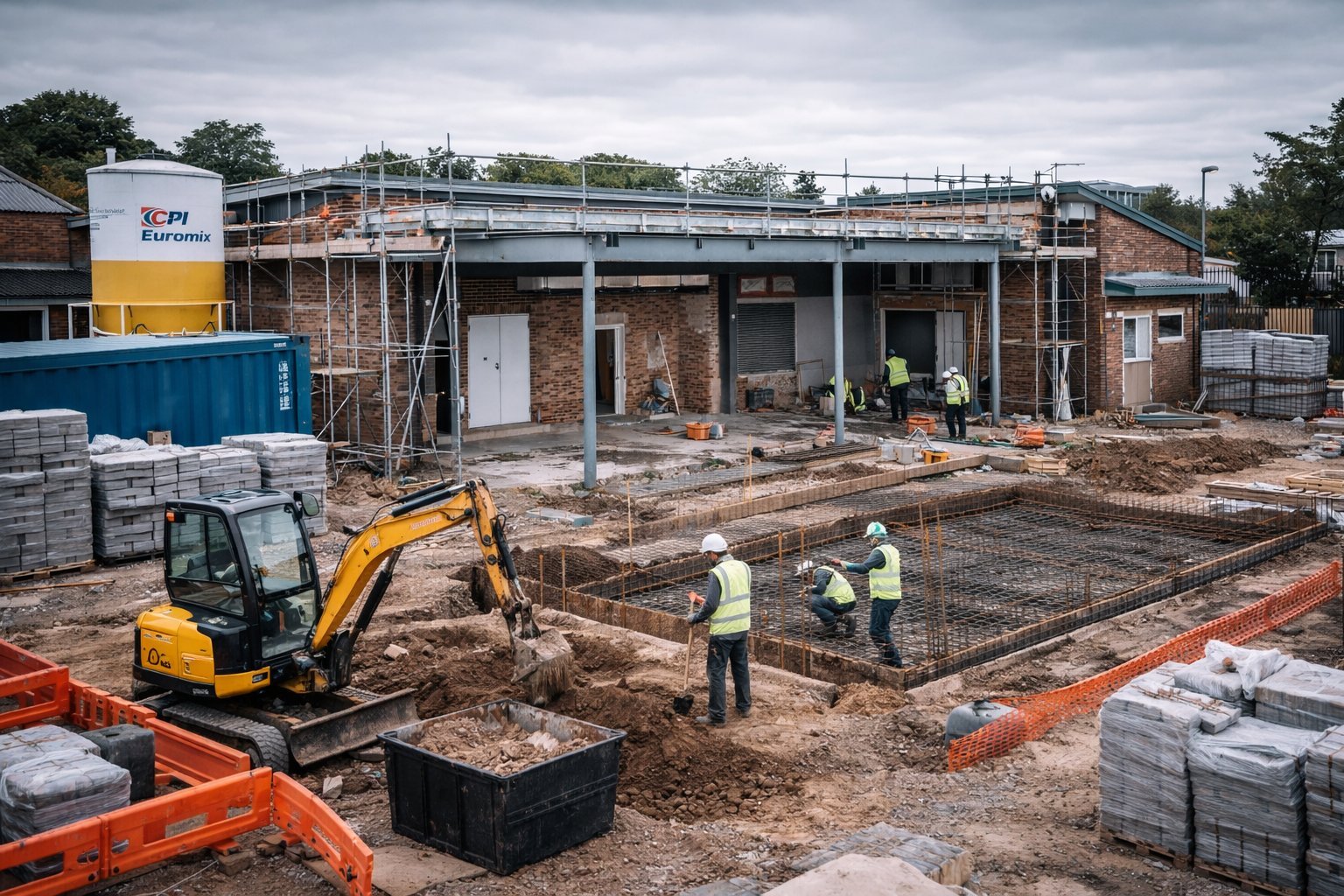 Construction site with yellow excavator, workers in safety gear, brick building under renovation, and construction materials scattered around