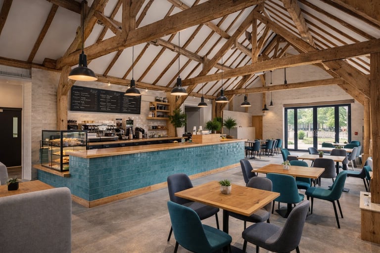 Modern coffee shop interior with exposed wooden beams, turquoise counter, wooden tables with blue chairs, and large windows