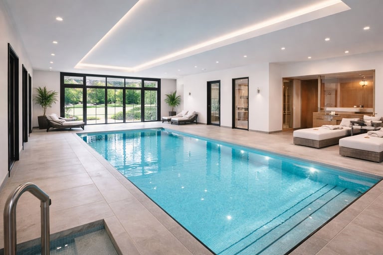 Indoor swimming pool with blue water, light wood flooring, modern ceiling lights, large windows, and spa lounging area visible in the background
