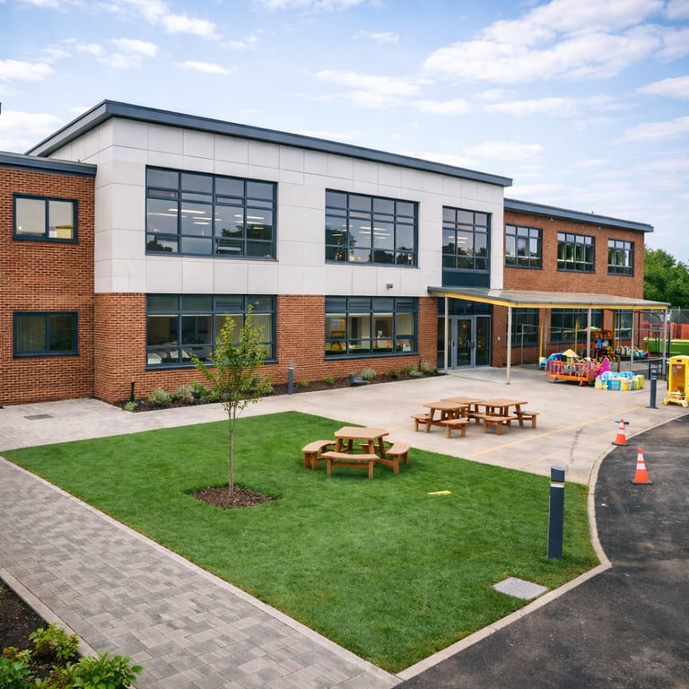 Modern school building with brick and white exterior, outdoor playground with green lawn, wooden benches, and paved courtyard area