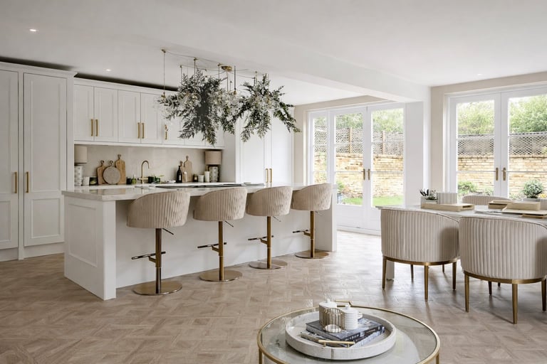 Modern kitchen with white cabinetry, island with bar seating, large windows, and decorative hanging greenery