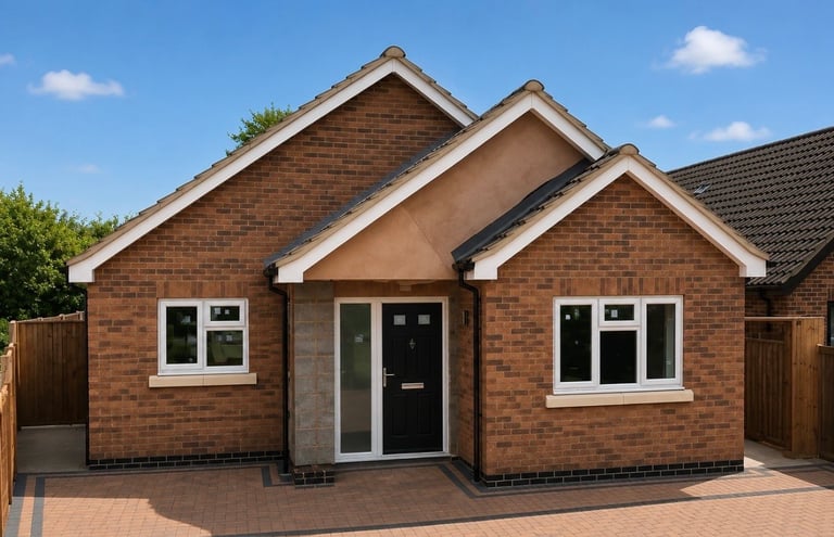 Modern brick bungalow with peaked roof, white-trimmed windows, dark green front door, and paved driveway