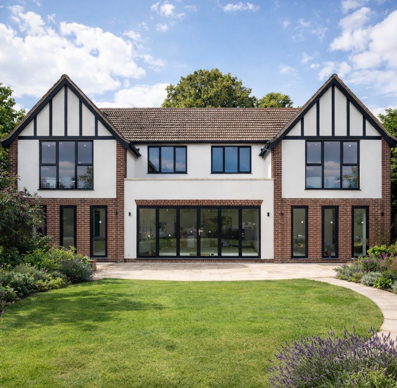 Modern Tudor-style brick house with white gable ends, large black-framed windows, and manicured lawn with landscaping