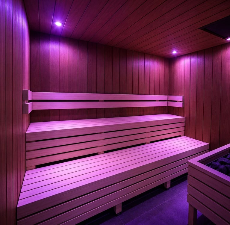 Modern sauna interior with purple LED lighting, tiered wooden benches, and minimalist design