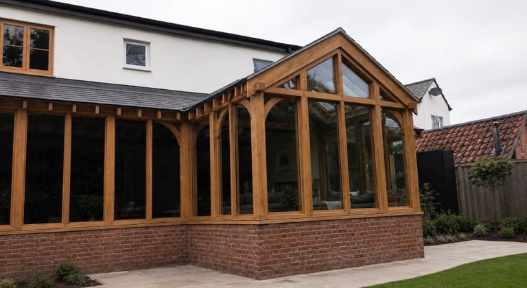 Modern wooden sunroom extension with large windows attached to brick and white house with patio