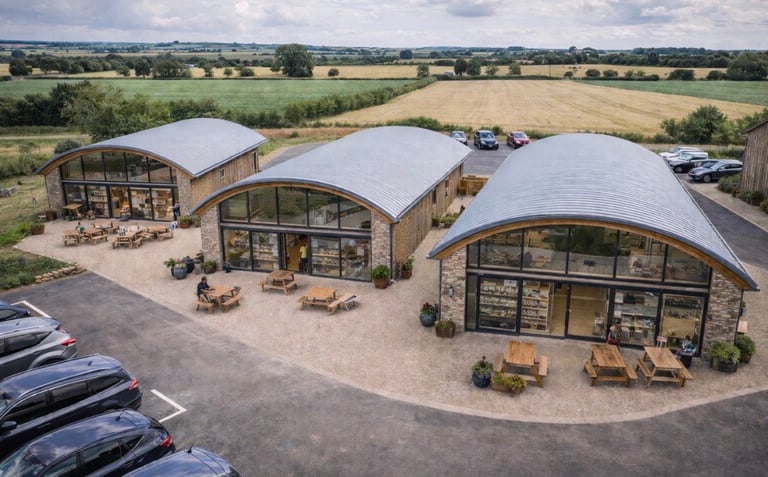 Three modern curved white-roofed agricultural buildings with large glass windows in a rural countryside setting surrounded by fields