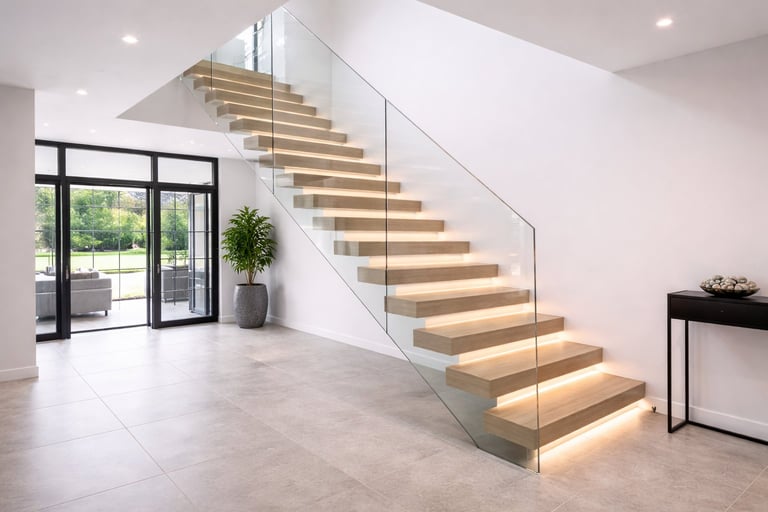 Modern wooden staircase with glass railings in a bright, minimalist entryway with white walls and gray tile flooring