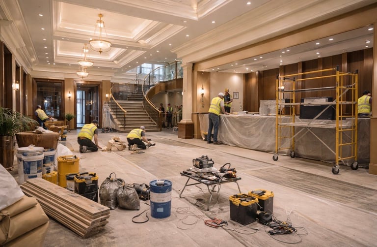 Luxury interior under renovation with workers, construction equipment, scaffolding, and drop cloths in an elegant foyer with coffered ceiling and staircase