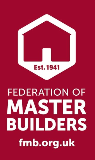 Federation of Master Builders logo with hexagonal house icon established 1941 on burgundy background