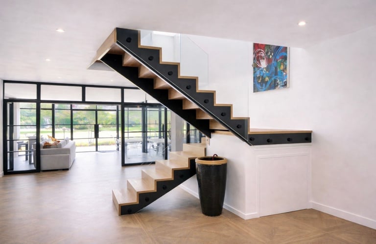 Modern staircase with floating wooden steps and glass railing in a bright, minimalist interior space with large windows and light wood flooring