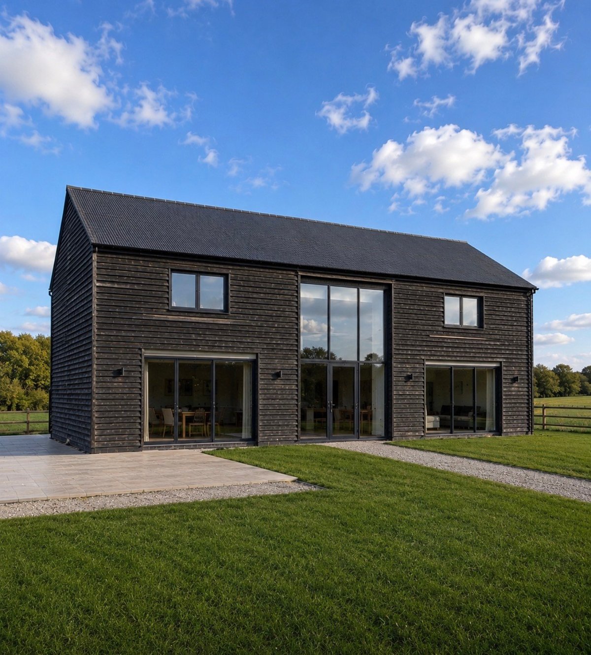 Barn conversion in Great Barford by Box and Defeo, showing dramatic full-height glazing set into a former agricultural building against open countryside