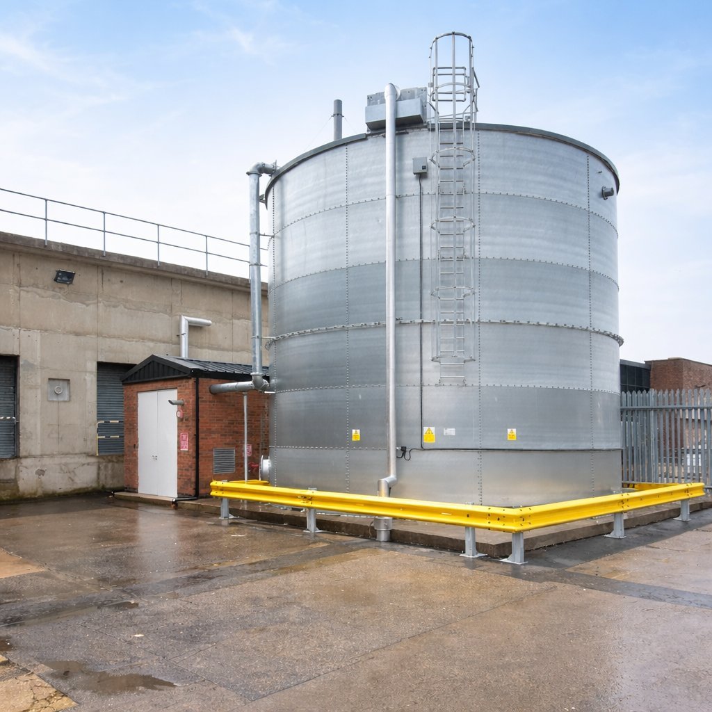 Large cylindrical metal storage tank with yellow safety barrier and external ladder at an industrial facility