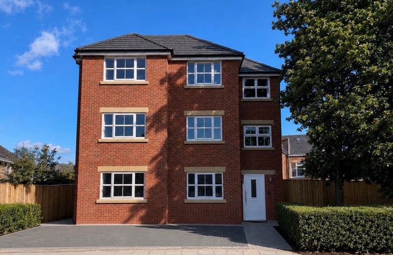 Modern red brick residential house with multiple windows, white door, and driveway, surrounded by trees and hedge fencing
