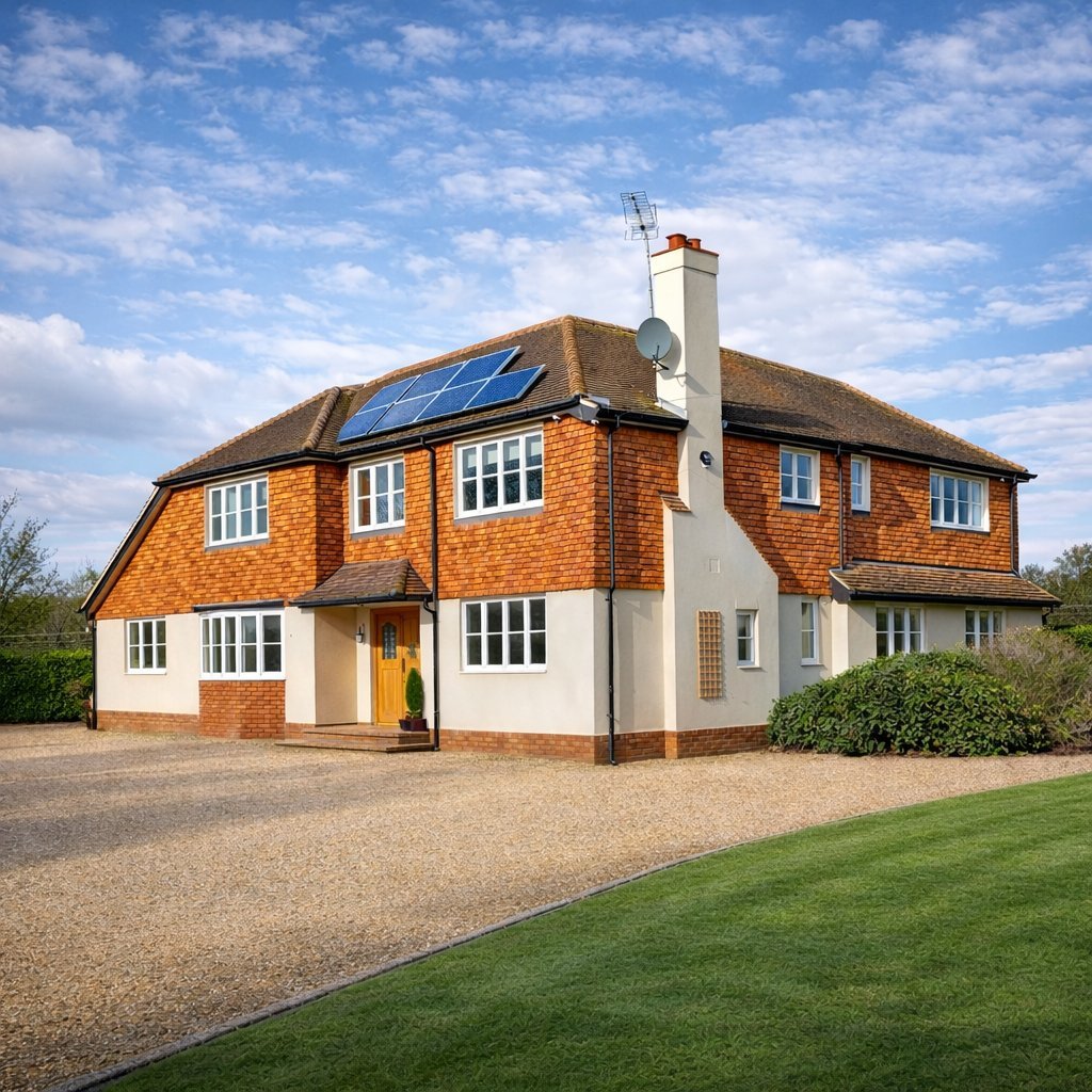Modern brick and white cottage with solar panels on tiled roof, surrounded by driveway and green lawn on sunny day
