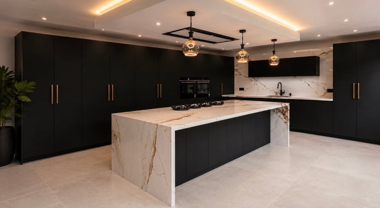 Modern kitchen with black cabinets, marble island, pendant lights, and stainless steel appliances