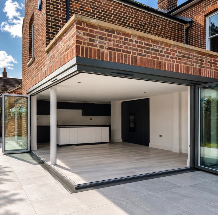Modern brick home extension with open-concept living space, white ceiling, wooden flooring, and large sliding glass doors leading to patio