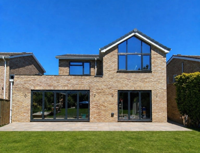 Modern brick house with large windows, gabled roof, and manicured lawn under clear blue sky