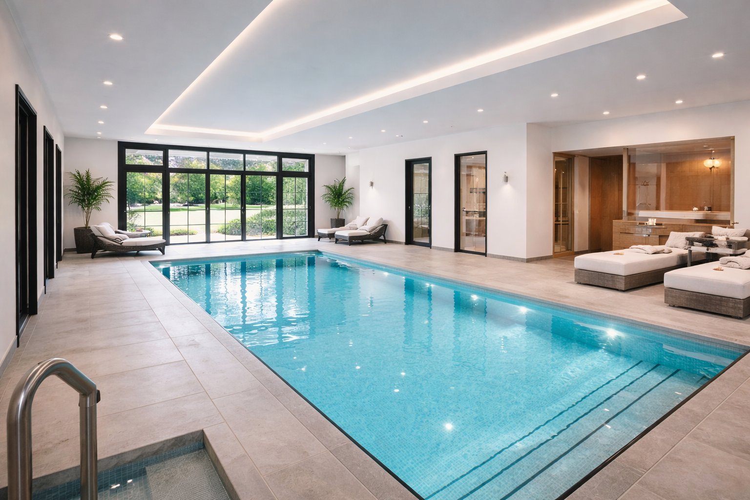Modern indoor swimming pool with bright blue water, white tile flooring, recessed ceiling lights, and glass doors overlooking outdoor space