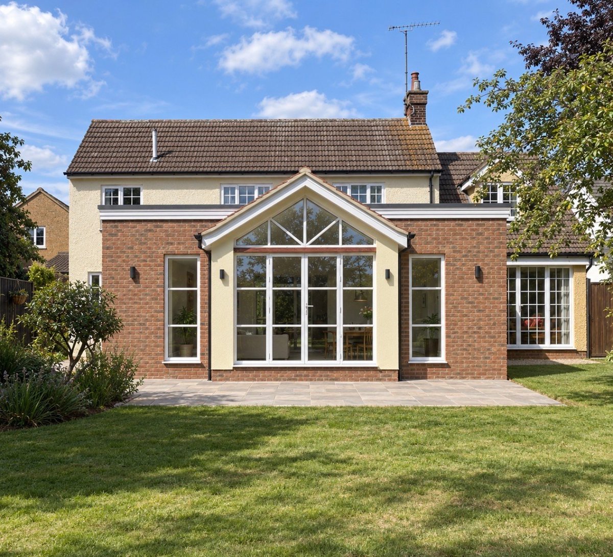 Modern brick house extension with large white-framed windows and pitched roof, viewed from garden on sunny day