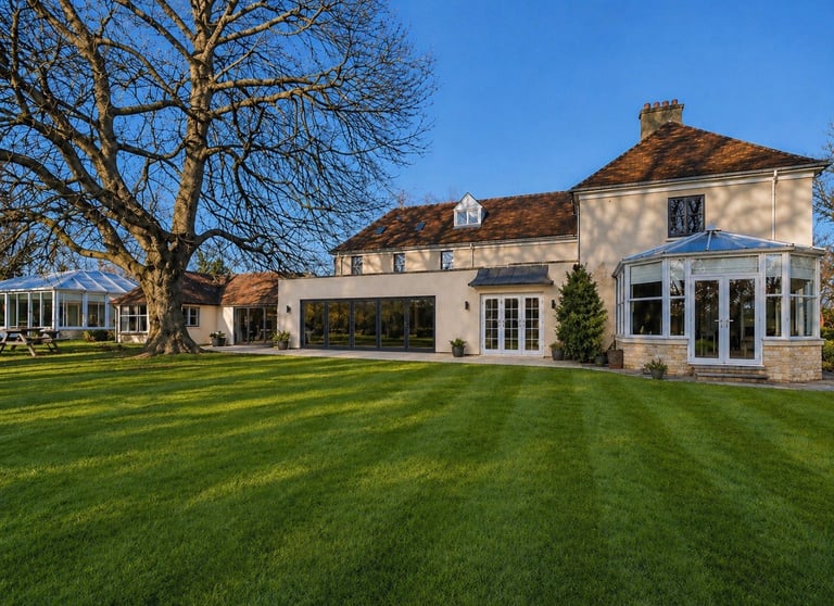Modern stone and cream luxury home with large windows, manicured lawn, and bare tree in clear sunlight.