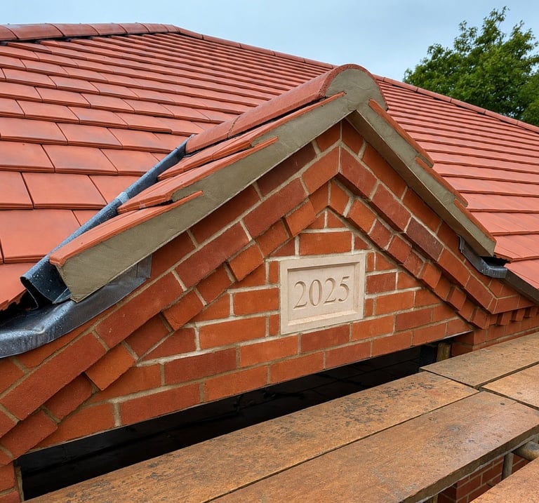 Red tile roof with brick chimney dated 2025 and stone cap, showing pitched roofline against sky