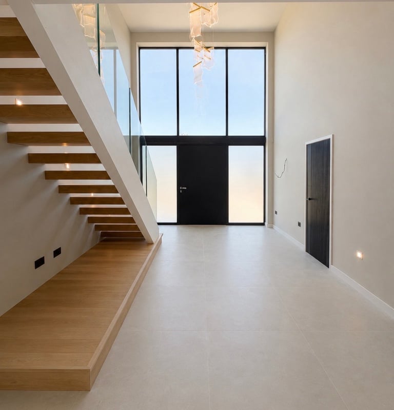 Modern interior with wooden staircase, white polished floor, glass doors, and minimalist design
