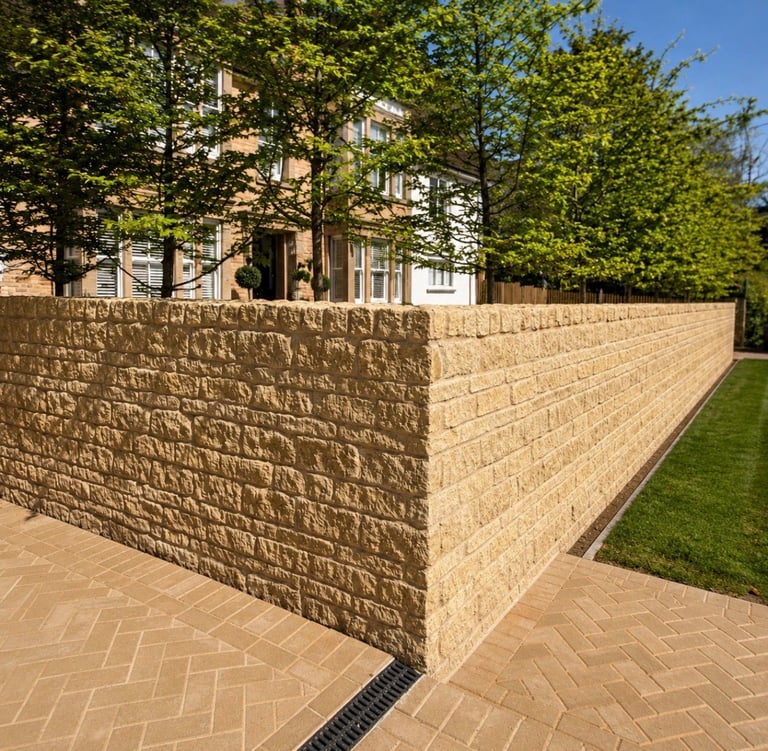 Tall tan brick retaining wall bordering a manicured lawn with a residential house and green trees in the background