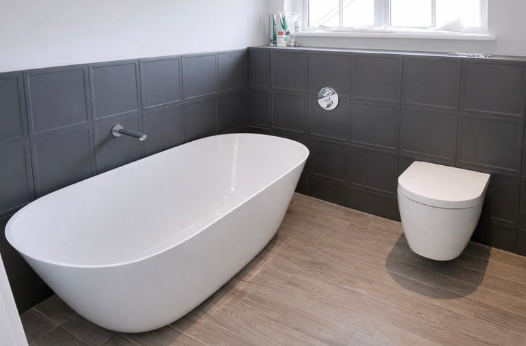Modern bathroom with freestanding white oval bathtub, white toilet, dark tile walls, and wood-look flooring with window