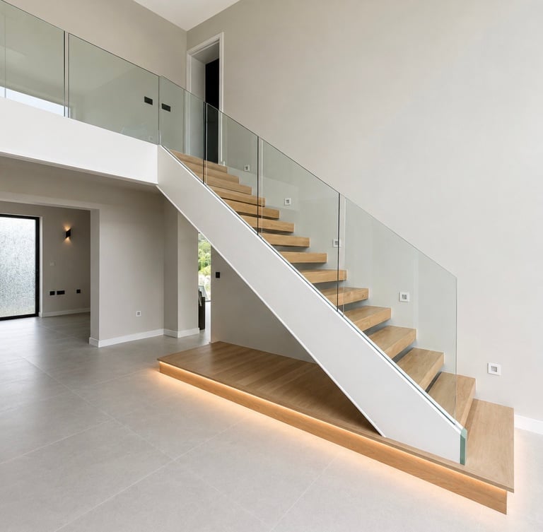 Modern staircase with wooden steps and glass railing in a minimalist white interior with polished concrete floor