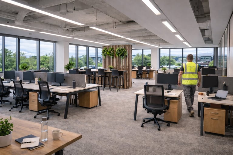 Modern open-plan office with wooden desks, black office chairs, natural lighting from large windows, and a worker in a yellow safety vest walking through the space